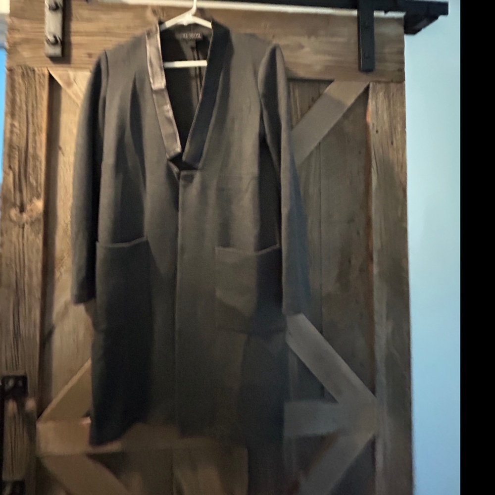 ST.JOHN BOUTIQUE GRAY LEATHER TRIM WOOL Long Cardigan JACKET COAT SWEATER SIZE 4